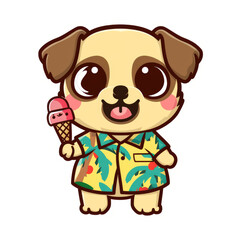 Obraz premium Sticker of cute cartoon dog wearing a Hawaiian shirt and holding an ice cream