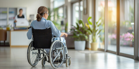 An elderly patient sits comfortably in a wheelchair in a hospital lobby, receiving attentive care.