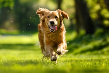 A playful golden retriever running on a grassy lawn, showcasing joy and energy outdoors.