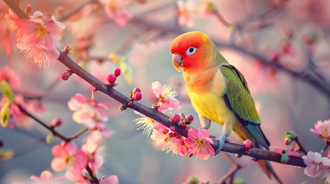 A parrot sitting on a flowering branch picture