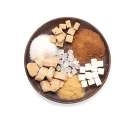 Plate with different types of sugar on white background