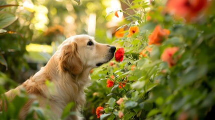 A dog sniffs bright flowers image