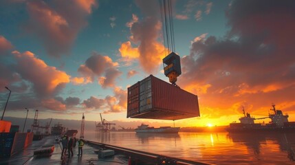 Dramatic sunset sky with vibrant clouds over a dockside scene featuring a large crane lifting a shipping container at a busy maritime port or harbor  The image captures the industrial