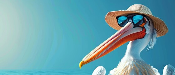 A pelican wearing sunglasses and a hat, enjoying the summer sun.