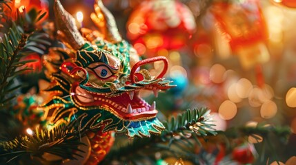 Naklejka premium Colorful Chinese Dragon Ornament on a Christmas Tree, Generative AI