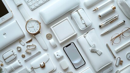 A flat lay of various white and silver accessories, including a watch, phone, glasses, and pens, on a white background