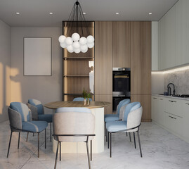 Minimal kitchen with marble and wooden, island table and hanging lamp, 3d illustration render