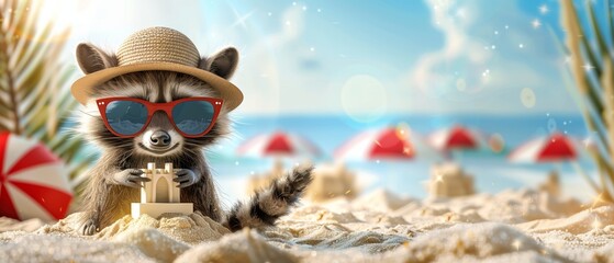 A raccoon wearing sunglasses and a hat builds a sandcastle on a beach.