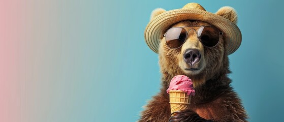 Bear wearing a hat and sunglasses enjoying ice cream.