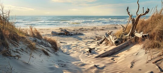Wide Ocean View with Sand Dunes wood on Sandy Beach