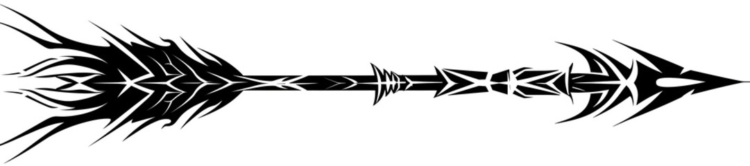 Black Tribal Arrow with Spiral Ends in Clip Art Style Against White Background