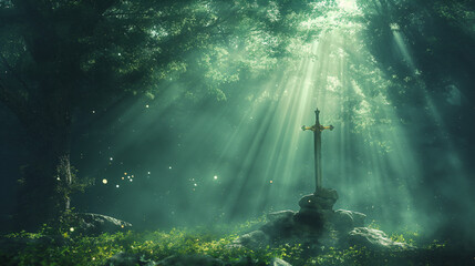 Obraz premium A sword is firmly planted into a stone, standing tall and seemingly embedded in the ground. The atmosphere is enchanting, with small particles or fireflies floating around