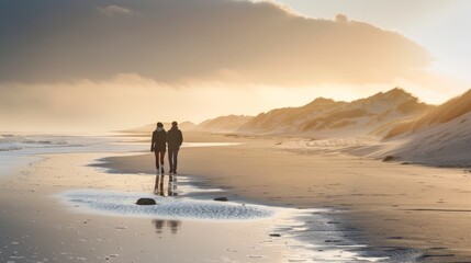 Romantic Morning Beach Stroll of a couple on a blurry background