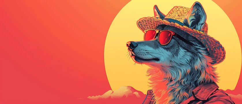 Cool wolf wearing sunglasses and a hat, sunset background.
