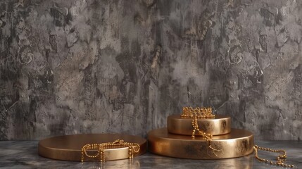 Decorative podiums with beautiful gold jewellery on grey background