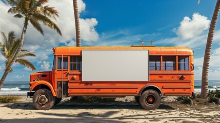 Beach setting featuring an orange school bus with a blank billboard, ad-ready. Back to School concept. 