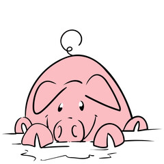 Pig posing close to the ground and looking forward very happy and smiling