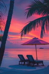 Fototapeta premium Tropical Sunset Serenity: Beach Vacation Vibes against a blurry background of beach and sky