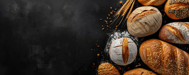 Different types of bread on black background