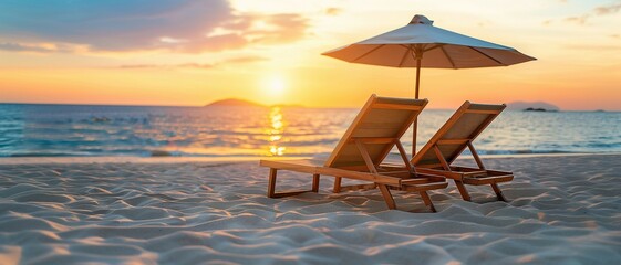 Wooden armchairs place side by side on beach,waves crash against,summer vacation concept.