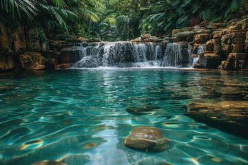 A tropical waterfall surrounded by dense jungle, with clear water flowing into a small pool. 