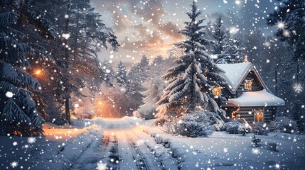 Naklejka premium A magical winter scene with snow-covered trees and a cozy cottage emitting a warm glow from its windows, AI Generative