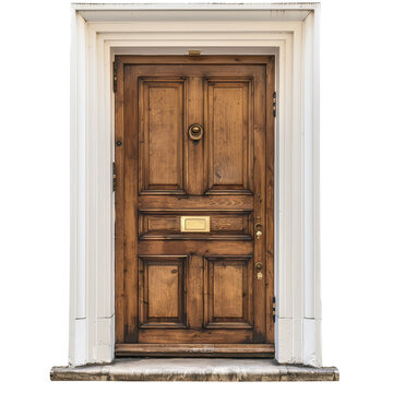 Close-up of a vintage wooden door with brass mail slot and knocker, framed by white trim. Perfect for architectural and home design concepts.