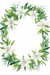 Obraz premium edelweiss themed frame or border for photos .with small white flowers and green leaves. watercolor illustration, white color background.