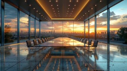 CEO CTO board meeting area, contemporary elegance, expansive table, unoccupied chairs, glass barriers, AI Generative