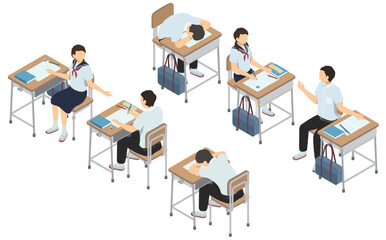 アイソメトリックイラスト：学校机と学生(夏服)