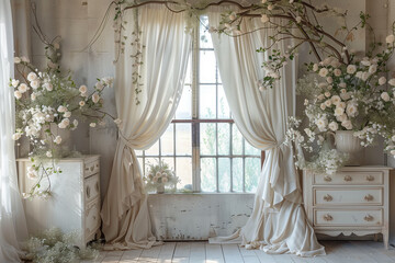 Maternity backdrop, wedding backdrop, photography background with white window with flowers, curtains, a dresser.