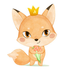 Fox Princess. Little Red Fox in a crown with a bouquet of pink flowers. Forest animals clipart. Cute animal alphabet. Letter F. Children's watercolor illustration isolated on white background.