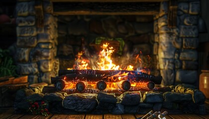 A cozy fireplace with logs burning brightly, casting a warm glow.