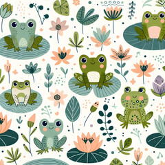 Childish seamless pattern with cute frogs and waterlilies on the lake, decorative kids' design