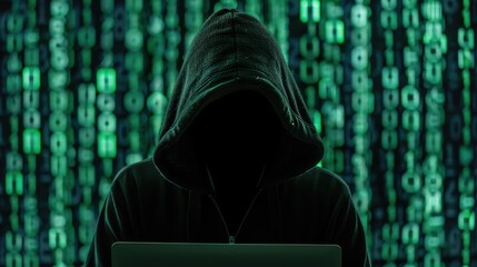 Hacker wear black hoodie at work with a laptop, graphic digital matrix of green numbers and symbols interface background