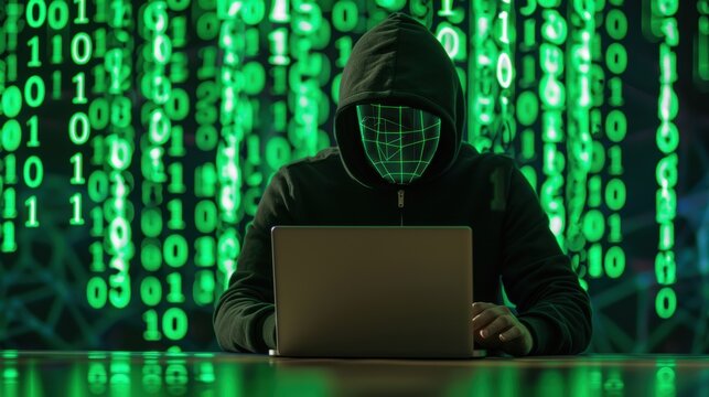 Hacker wear black hoodie at work with a laptop, graphic digital matrix of green numbers and symbols interface background - Powered by Adobe