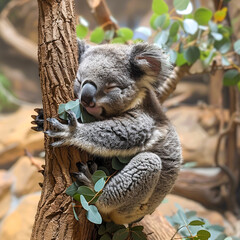 Obraz premium Adorable Baby Koala Embracing Small Branch with Sleepy Contentment