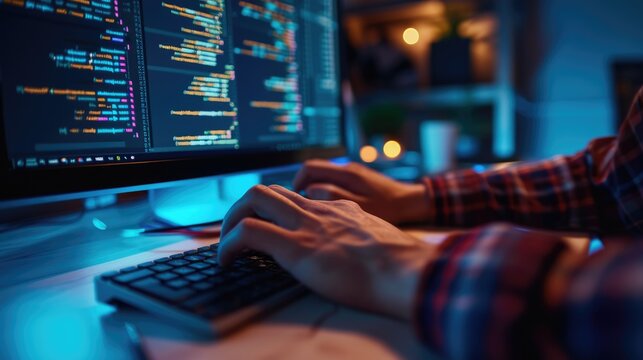 Close-up of a programmer's hands typing on a backlit keyboard, with lines of code displayed across multiple computer screens. AIG41
