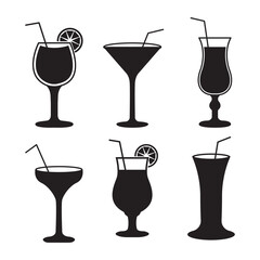 Cocktail icon set. Alcoholic cocktails icons, Martini cocktail with umbrella and olive in classic glass. Set of Black and white vector icons, Icons set for restaurant, pub, bar. Vector illustration