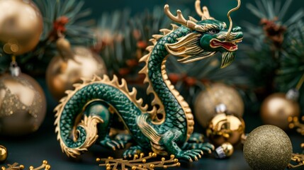 Decorative Green Dragon Figurine with Golden Christmas Ornaments, Generative AI