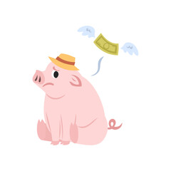 お金を無くした豚。フラットなベクターイラスト。
A pig without money. Flat vector illustration.
