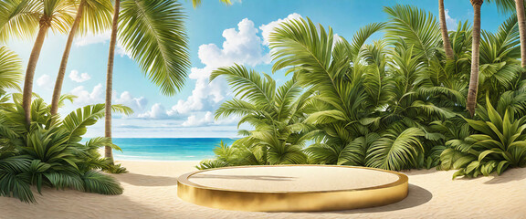 Fototapeta premium Beach podium summer background sand product 3D sea display platform. Beach podium summer banner stand scene sale sky holiday vacation stage water island sun travel pedestal promotion presentation ad.