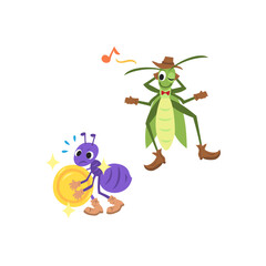 お金を運ぶアリと遊び暮らすキリギリス。フラットなベクターイラスト。
An ant carrying money and a grasshopper living leisurely. Flat vector illustration.