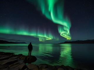 A man stands on the beach in Nordland. Norway Gaze at the bright green aurora lights dancing in the night sky.