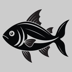 Fish Silhouette. Fish silhouette in line art style. Fish by hand drawing. Fish tattoo on white background. Black and white fish on white background. Marine animal illustration. Marine life animal.