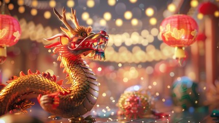 Fototapeta premium Vibrant Dragon and Lanterns During Festival, Generative AI