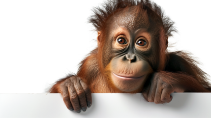 Orangutan with blank sign  isolated on transparent background.