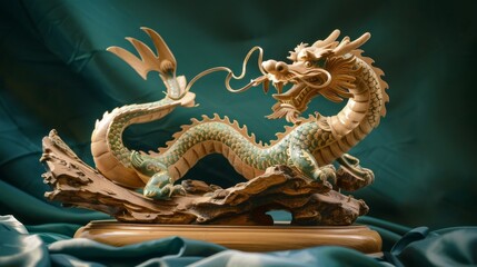 Fototapeta premium Intricate Wooden Dragon Sculpture on Teal Fabric, Generative AI