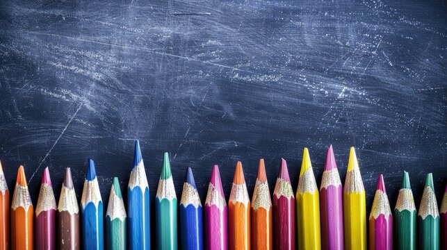 Colorful pencils on blackboard with space school concept