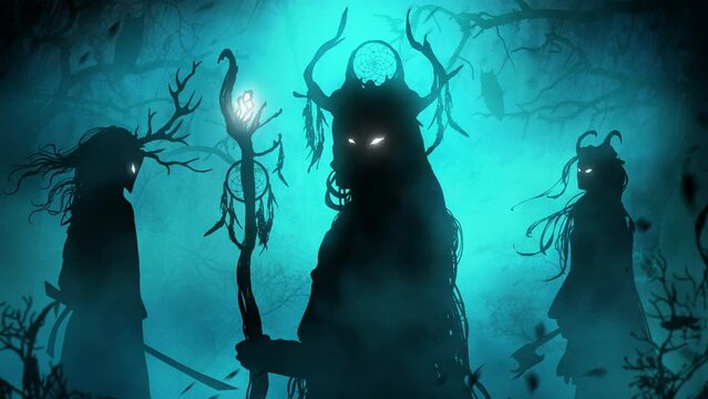 A black silhouette of a sinister trio of shamans in the middle of a foggy forest, their eyes mysteriously glow in the dark, dressed in ethnic clothes with masks and horns. clean looped 2d animated art